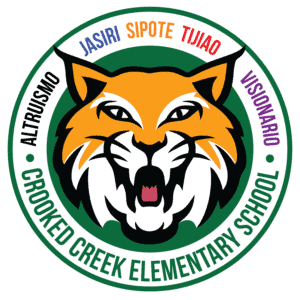 Tiger in center with Crooked Creek Elementary School in white outer circle